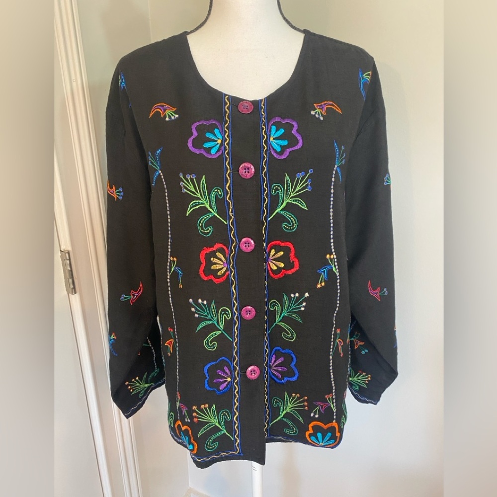 Vintage Life Style Black Silk Blend Embroidered Multicolor Floral Jacket Large